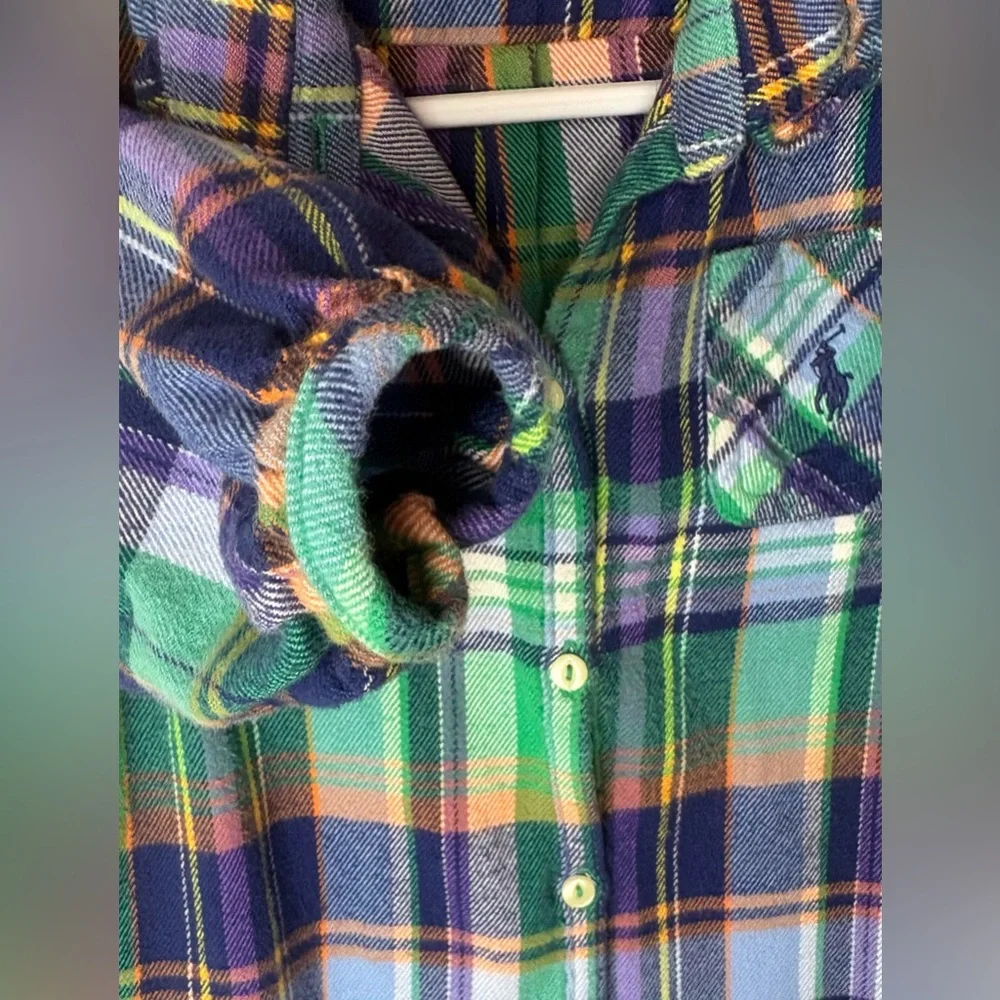 Ralph Lauren Baby Girl Blue/Green Plaid Flannel Ruffle Shirt Dress 18mon